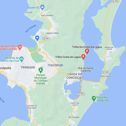 Mapa de Florianópolis com marcador na trilha da costa da lagoa